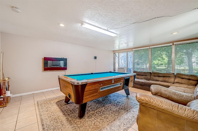 recreation room featuring billiards, baseboards, light tile patterned flooring, a textured ceiling, and recessed lighting