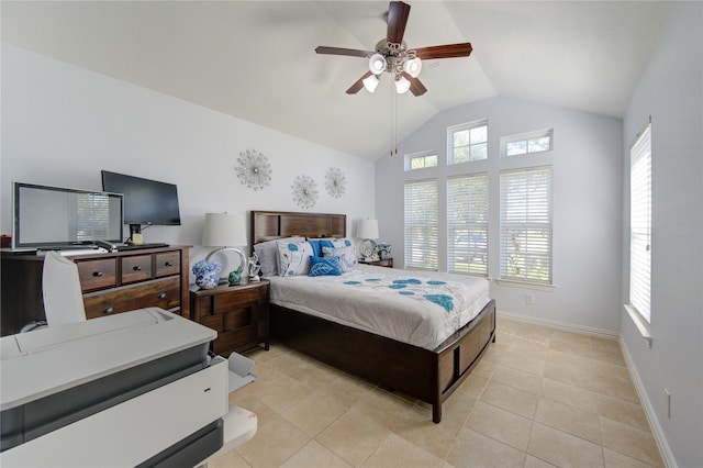 bedroom featuring multiple windows, ceiling fan, and light tile patterned flooring