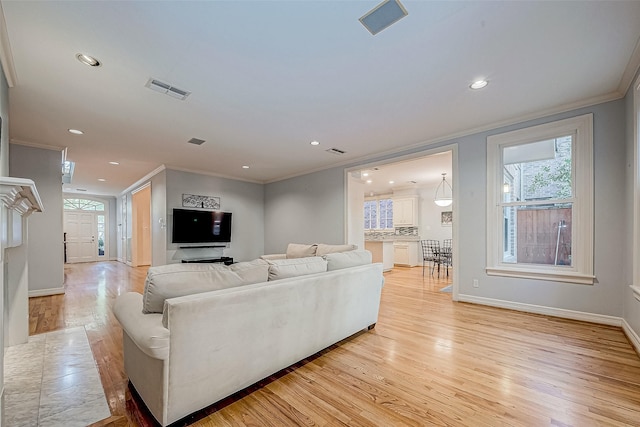 living room featuring light hardwood / wood-style flooring and crown molding