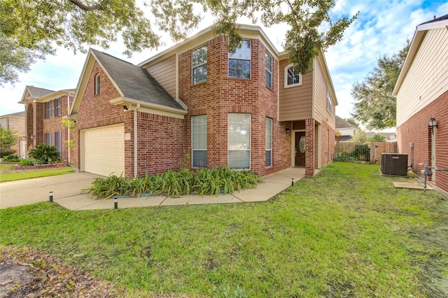 view of front of home with central AC unit and a front lawn