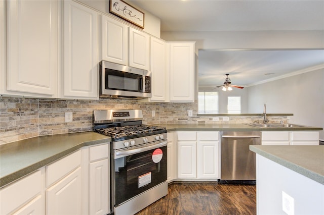 kitchen with decorative backsplash, stainless steel appliances, sink, dark hardwood / wood-style floors, and white cabinetry