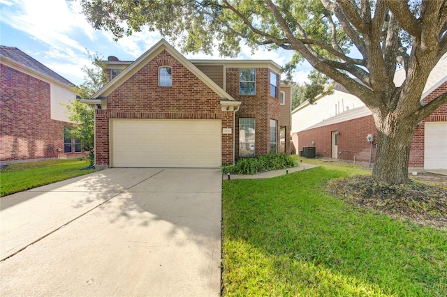 view of property with a garage, a front lawn, and central air condition unit