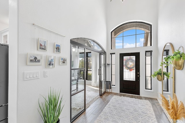 foyer with a towering ceiling and light wood-type flooring