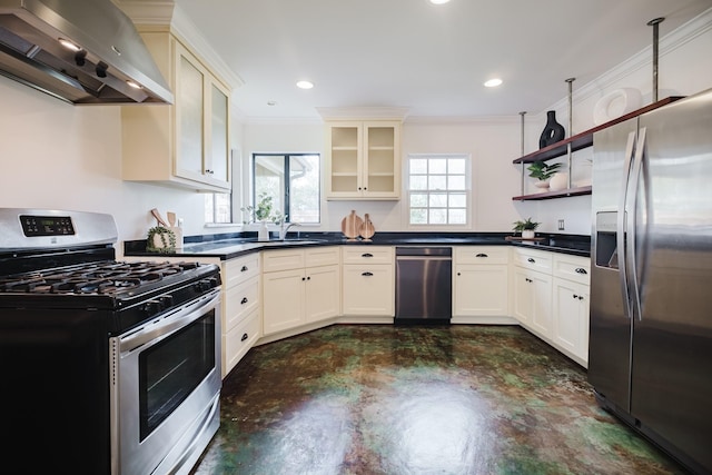 kitchen featuring crown molding, sink, range hood, and appliances with stainless steel finishes