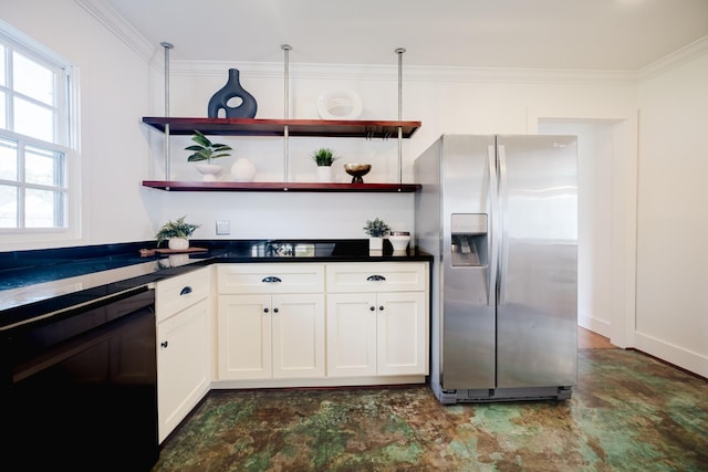 kitchen with crown molding, white cabinetry, stainless steel refrigerator with ice dispenser, and a wealth of natural light