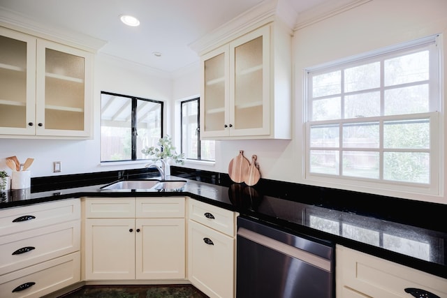 kitchen with dishwasher, white cabinets, crown molding, and sink