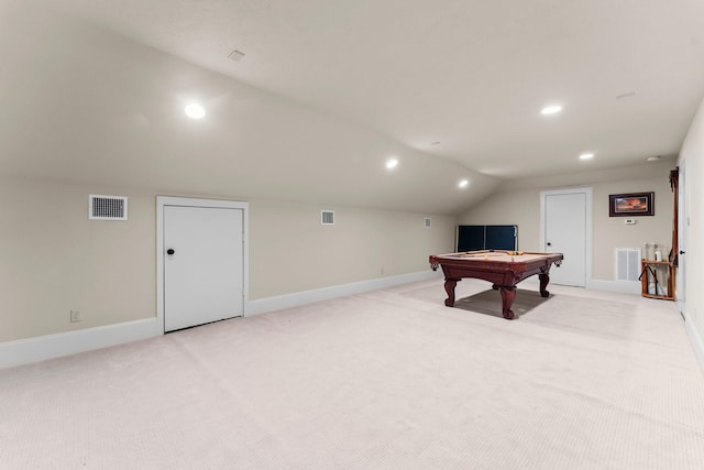 game room with lofted ceiling, light colored carpet, and billiards