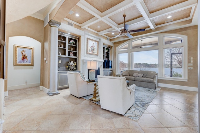 living room featuring ornate columns, built in features, beamed ceiling, coffered ceiling, and ceiling fan