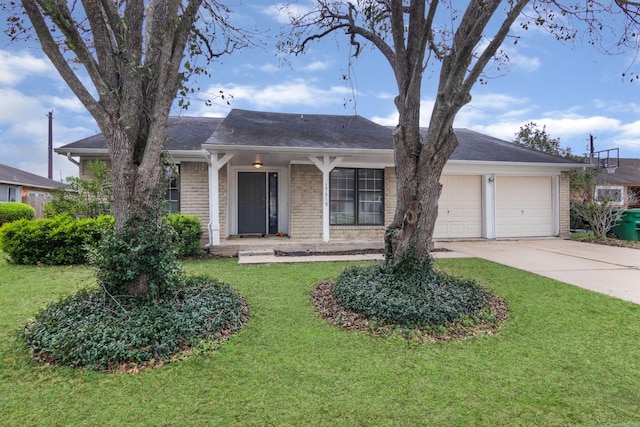 ranch-style home featuring a porch, a garage, and a front lawn