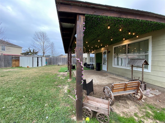 view of yard featuring a patio area and a storage shed