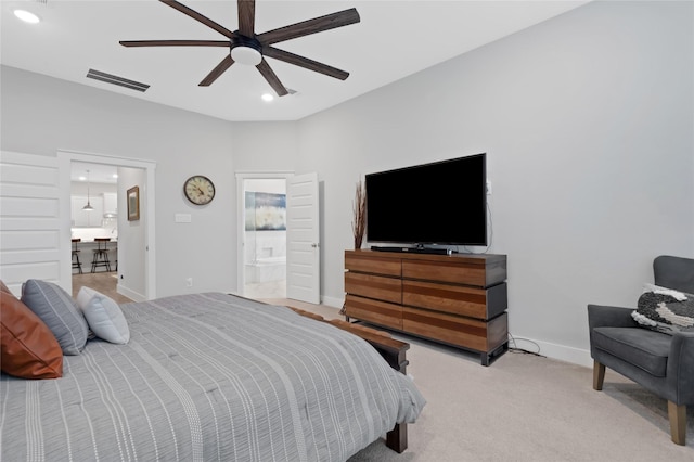 bedroom featuring light carpet, baseboards, visible vents, ceiling fan, and recessed lighting