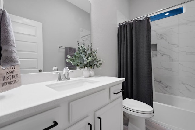 full bathroom with vanity, toilet, and shower / bath combo with shower curtain