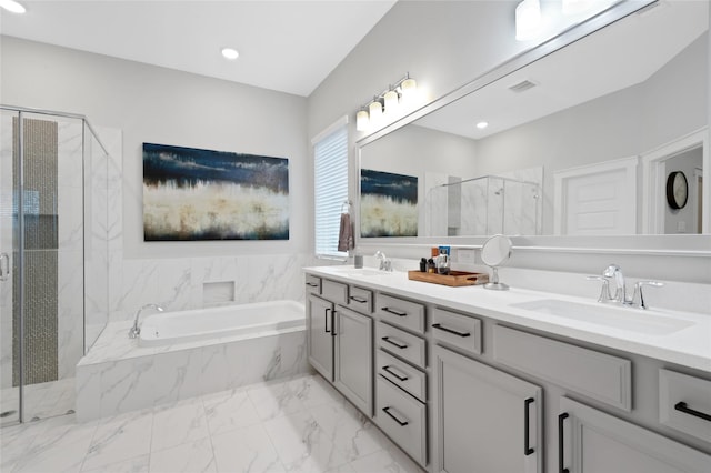 full bathroom with marble finish floor, a sink, a marble finish shower, and a bath