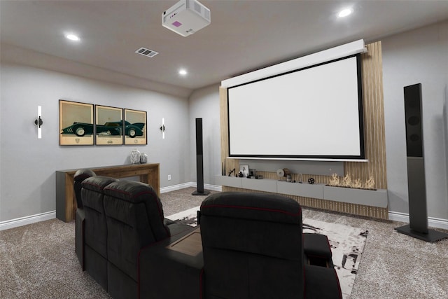 home theater room featuring carpet floors