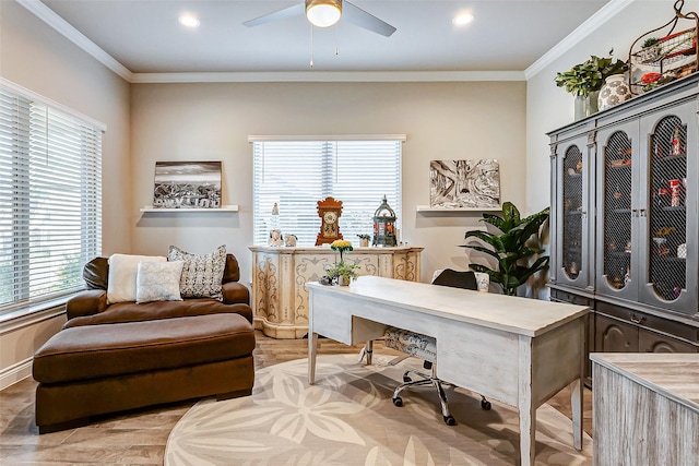 office featuring ceiling fan and ornamental molding