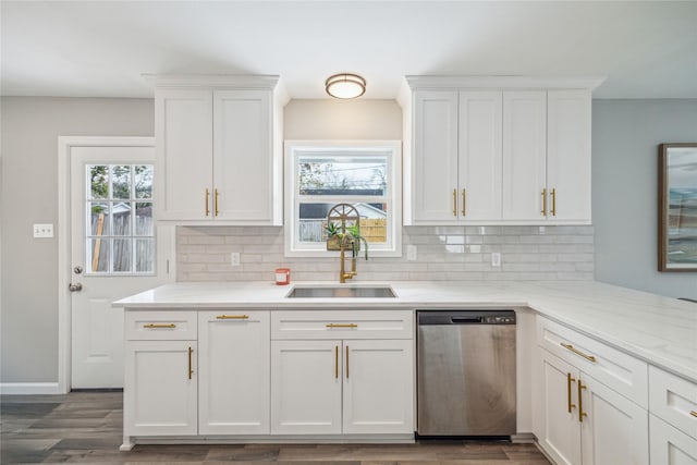 kitchen with sink, white cabinets, decorative backsplash, and dishwasher