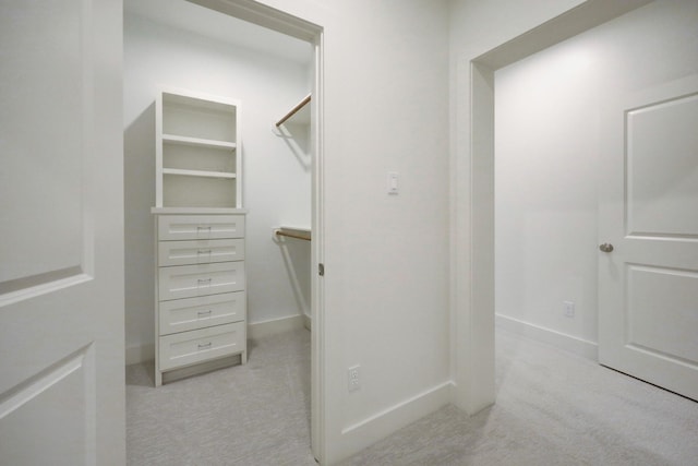 walk in closet with light carpet