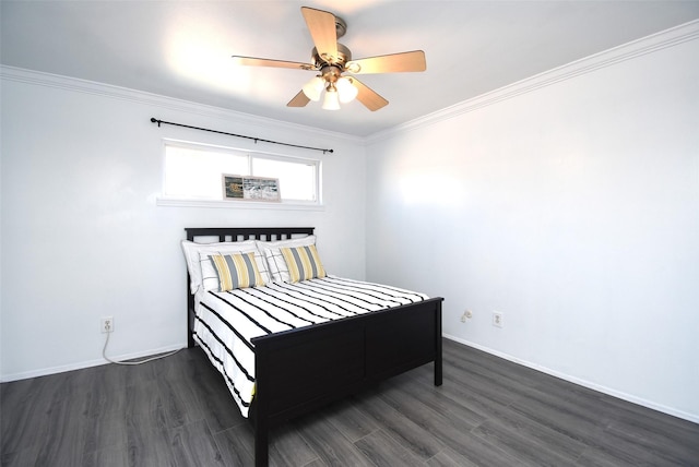 bedroom with ceiling fan, dark wood-type flooring, and ornamental molding