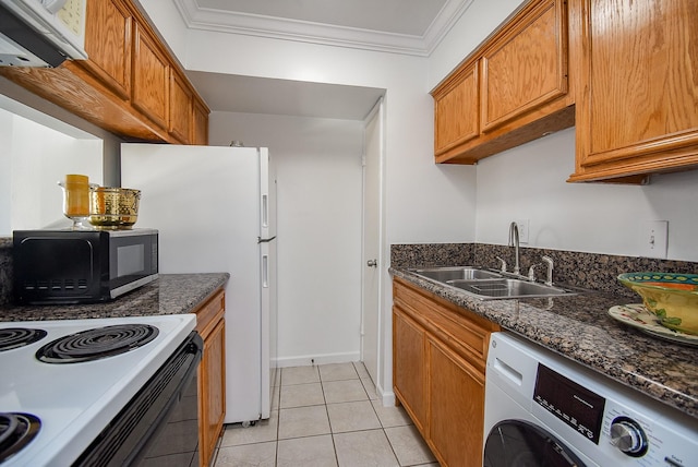 kitchen featuring white range with electric stovetop, crown molding, sink, washer / clothes dryer, and light tile patterned flooring