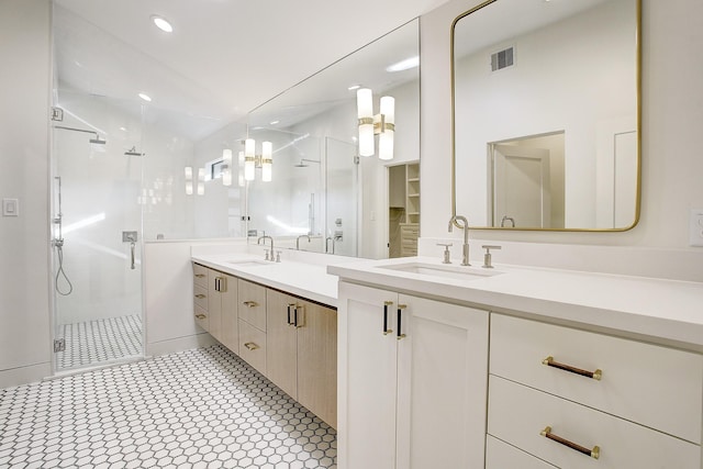 bathroom with vanity and walk in shower