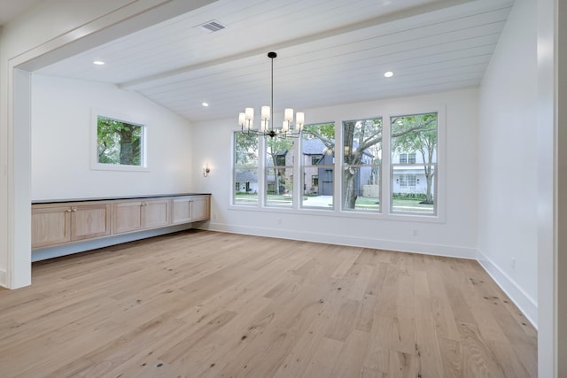 unfurnished dining area with lofted ceiling with beams, light hardwood / wood-style floors, wooden ceiling, and an inviting chandelier