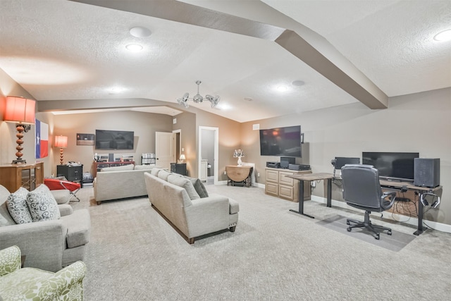 carpeted living room with lofted ceiling with beams and a textured ceiling