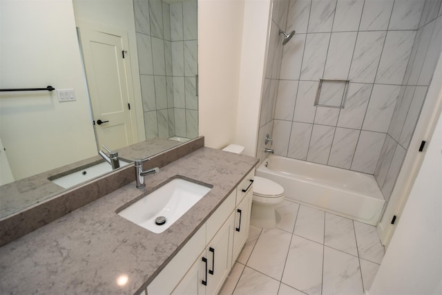 full bathroom with toilet, vanity, and tiled shower / bath combo