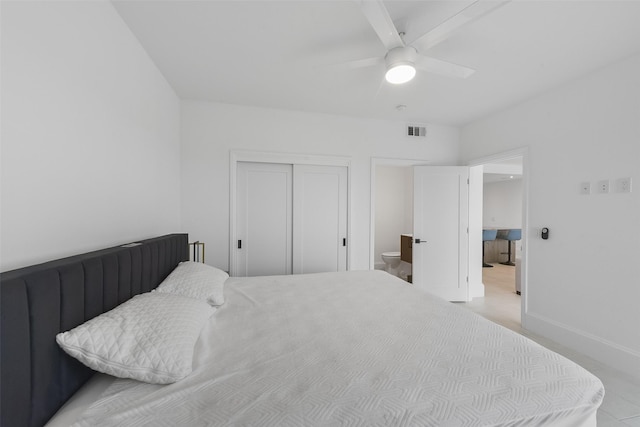 bedroom with ceiling fan, a closet, and ensuite bathroom