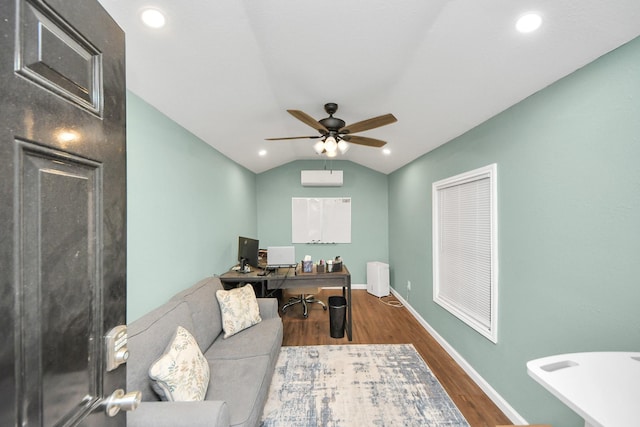 office with lofted ceiling, a wall mounted air conditioner, radiator, ceiling fan, and hardwood / wood-style floors