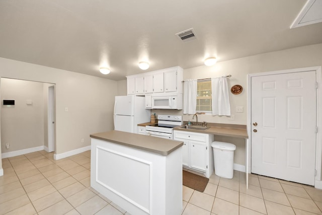 kitchen featuring a kitchen island, white cabinetry, sink, light tile patterned floors, and white appliances