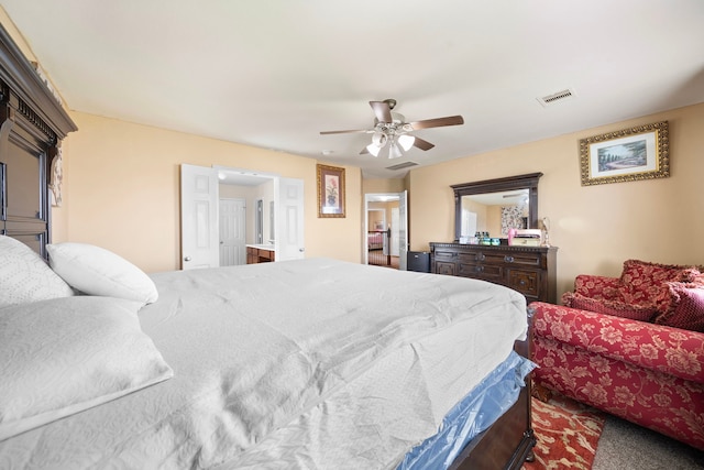 carpeted bedroom featuring ceiling fan