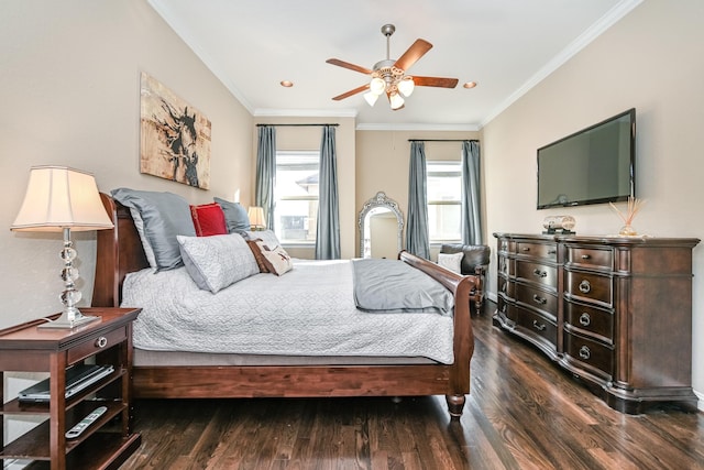 bedroom with ceiling fan, dark hardwood / wood-style floors, and ornamental molding