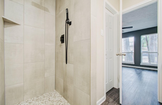 bathroom with hardwood / wood-style flooring and a tile shower