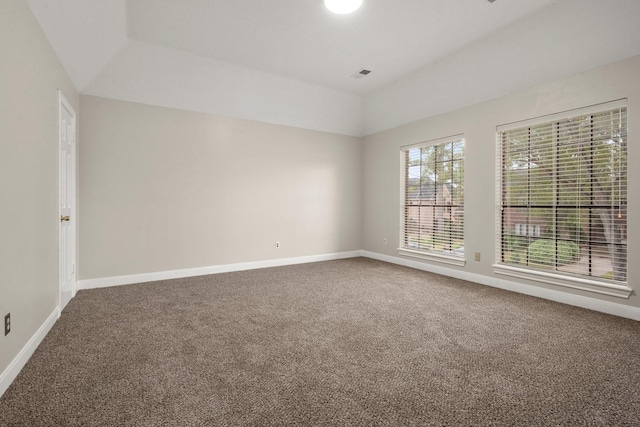 unfurnished room featuring carpet and a tray ceiling