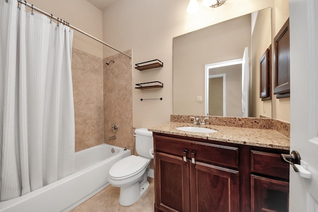 full bathroom featuring tile patterned floors, vanity, shower / bath combination with curtain, and toilet