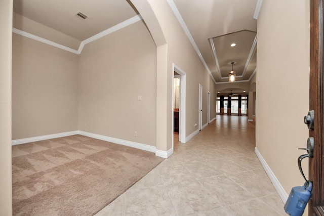 interior space with carpet and crown molding