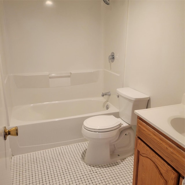 full bathroom with tile patterned floors, vanity, toilet, and washtub / shower combination