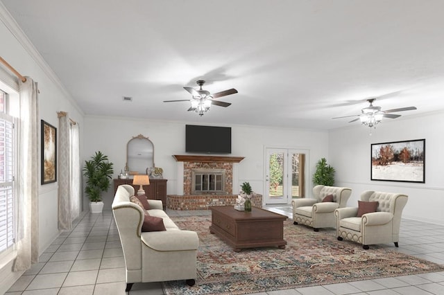 living room featuring ceiling fan, light tile patterned floors, crown molding, and a brick fireplace