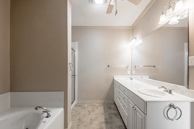 bathroom with vanity, plus walk in shower, tile patterned flooring, ceiling fan, and ornamental molding