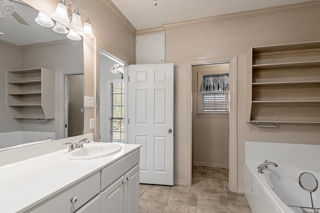 bathroom with vanity, tile patterned flooring, ceiling fan, a washtub, and ornamental molding