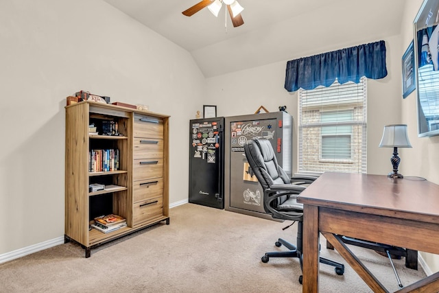 office with carpet floors, vaulted ceiling, and ceiling fan