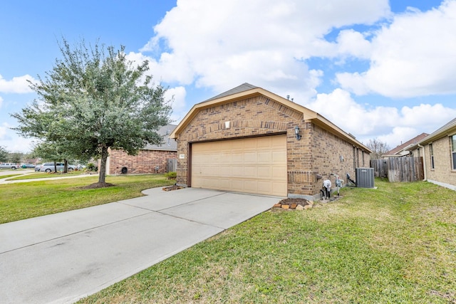 view of property exterior with a yard, central AC, and a garage