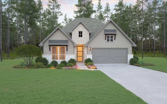 modern inspired farmhouse featuring a front lawn