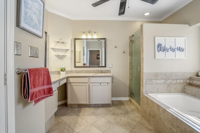 bathroom featuring tile patterned floors, ornamental molding, vanity, ceiling fan, and plus walk in shower