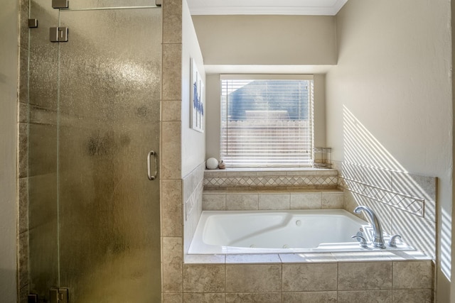 bathroom featuring ornamental molding and independent shower and bath