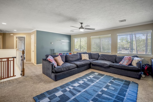 carpeted living room with a textured ceiling, ceiling fan, and ornamental molding