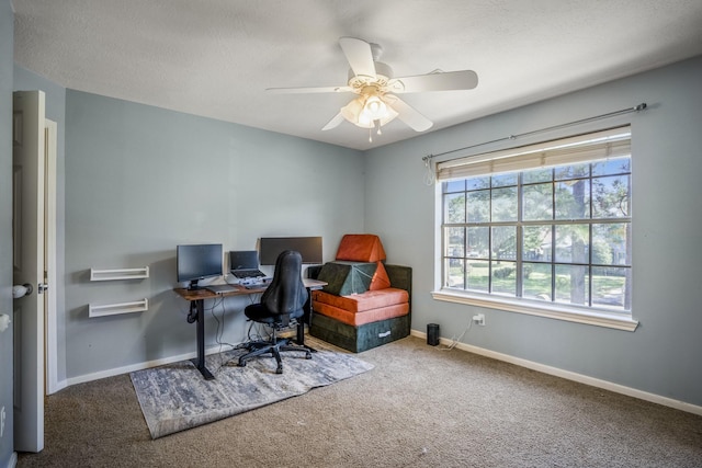 office space with carpet flooring and ceiling fan