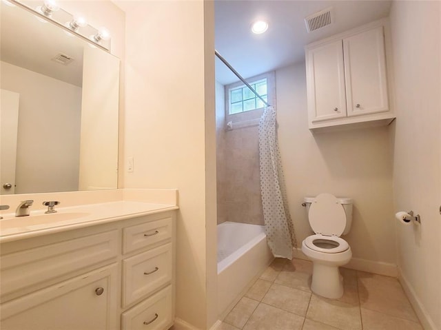 full bathroom with toilet, shower / bath combination with curtain, vanity, and tile patterned floors