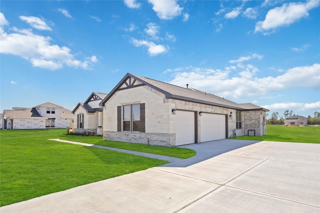 exterior space featuring a garage and a lawn