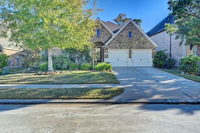 view of front of property with a garage and a front lawn